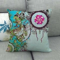 Close-up of blue linen cushion cover with colorful mandala pattern on a grey sofa - Sky Blue Dreamcatcher Style (6) / 45x45cm (Pillow Case Only)