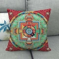 Detailed texture of bohemian mandala pattern on square linen pillowcase - Red Mandala Thangka Style (5)