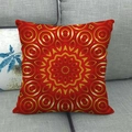Detailed view of symmetrical red mandala geometric pattern on a square linen cushion cover - Red Orange Radial Mandala (12)