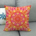 Close-up of the textured linen fabric and symmetrical Bohemian mandala pattern on the pillow - Pink Orange Bohemian Mandala (16)