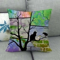 Close-up of artistic watercolor cat on tree linen pillowcase on a grey sofa - 45x45cm / Magical Old Wood Texture Cat (8)