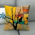 Artistic cat and tree collage pillowcase on a grey sofa with vibrant geometric patterns - 45x45cm / Retro Yellow Blue Collage Cat (9)