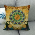 Detailed weave of linen cushion cover with ethnic mandala and peacock patterns on a sofa - 18x18 Inch / Ochre Mandala Peacock (1)