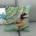 Detail of linen pillow cover featuring a watercolor chickadee and teal mandala pattern - 18x18 Inch / Teal Chickadee Mandala (3)