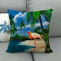 Detail of linen cushion cover showing pink flamingo and tropical beach print texture - Tropical Flamingo Coconut Beach (5)