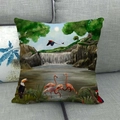 Close-up of tropical flamingo and parrot pattern on linen throw pillow cushion cover - Flamingo Jungle Ecology Painting (11)
