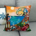 Détail de la housse de coussin en lin avec peinture à l'huile de licorne et d'arbres - Style Silhouette de Plage au Coucher du Soleil (7)