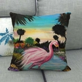 Détail de la housse de coussin en lin avec peinture à l'huile de flamant rose tropical - Style Paysage de Flamant Tropical Peinture à l'Huile (10)