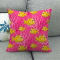 Detail of linen pillowcase with yellow tropical fish and pink coral print on sofa - Rose Coral Tropical Fish (16)