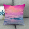 Linen cushion cover with sunset beach scenery and white PINK lettering on a gray sofa - 45x45cm / Pink Sunset Style (7)
