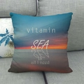 Detailed texture of linen cushion cover featuring beach sunset and vitamin sea text - 45x45cm / Sunset Sea Quote Style (11)