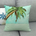 Detail of tropical coconut palm tree watercolor print on natural linen cushion cover - Leaning Coconut Tree (6)