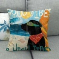 Vintage beach dog oil painting linen pillowcase featuring surfing board and shells - Goggles Black Dog (GOOD VIBES)