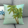 Detail of tropical palm tree watercolor print on breathable linen blend pillowcase - Palm Beach Landscape (7)