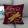Detail of burgundy linen pillow with gold Let your Spirit Soar text and dragonfly print - Burgundy Dragonfly Spirit Soar (8)