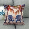 Detailed view of linen pillowcase featuring tropical palm trees and sunset beach print - Sunset Beach Chairs (10)
