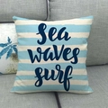 Detail of nautical linen cushion with blue sea waves surf text on a grey fabric sofa - 18x18 Inch / Blue and White Stripes Sea Waves Design (10)