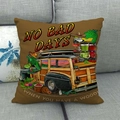Macro detail of linen pillowcase featuring vintage woodie wagon and surfing theme - Retro Wagon NO BAD DAYS (12)