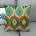 Abstract geometric ikat cushion cover in green and orange on textured linen fabric - 18x18 Inch / Ethnic Ikat Pattern (15)