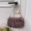 Faux fur shoulder bag with silver chain strap in gray pink plush for winter fashion - Pink