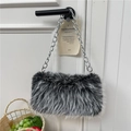 Faux fur shoulder bag with grey and white plush texture and silver chain strap - Black