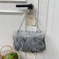 Winter large capacity fuzzy shoulder bag with silver chain strap in gray faux fur - White