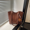 Retro brown leather tote bag with plush bear charm and minimalist interior aesthetic - Dark Brown (With Pendant)