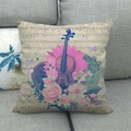 Close-up of linen cushion cover featuring floral violin and vintage music notes pattern - 18x18 Inch / Vintage Music Sunflower Style (12)