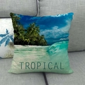 Linen pillow cover with tropical beach palm trees and sea wave print on a gray sofa - 45x45cm / Tropical Scenery Style (10)