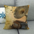 Vintage gramophone cushion cover on grey sofa with musical notes and linen texture - Vintage Gramophone Style (2) / 45x45cm