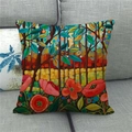 Macro detail of linen pillowcase with watercolor floral and forest pattern on a grey sofa - Red Flower Forest Style (3)