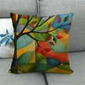 Detailed close-up of colorful watercolor pumpkin tree linen pillowcase on a grey sofa - Modern Abstract Tree Style (15)