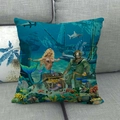 Detail of linen mermaid pillow cover with underwater treasure and deep sea explorer print - Deep Sea Exploration Full Print Style (8)