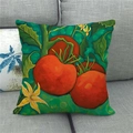 Close-up of watercolor pumpkin plant art on a linen throw pillow cover on a grey sofa - Tomato Plant Style (13)