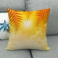 Close-up of orange palm leaf pattern on textured linen square pillow case detail - 18x18 Inch / Dark Orange Tropical Palm Leaves (11)