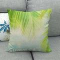 Close-up of tropical palm leaf pattern and SUMMER text on linen pillow cover - 18x18 Inch / Summer Text Green Palm Leaves (15)