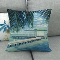 Detailed view of linen cushion cover featuring palm leaves and a coastal beach scene - 18x18 Inch / Seaside Vacation Landscape (16)