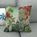 Detailed texture of linen cushion cover with Buddha, white parrots and tropical leaves - Southeast Asian Buddha and Parrots (8) / 45x45cm