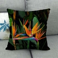 Detail of artistic Bird of Paradise floral print on square linen pillow cover on sofa - Artistic Black Background Birds of Paradise (9) / 45x45cm
