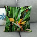 Detail view of tropical bird of paradise flower pattern on linen pillowcase with water drops - Realistic Water Drop Birds of Paradise (14) / 45x45cm