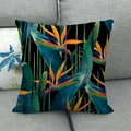 Detail of tropical bird of paradise flower and leaf print on black linen pillow cover - Watercolor Black Background Birds of Paradise (16) / 45x45cm