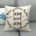 Close-up of Home Sweet Home printed wreath design on linen texture throw pillow cover - Vine Heart Style (13) / 18x18 Inch
