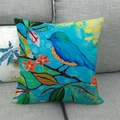Federa in lino con pittura a olio acquerello di un uccello blu e fiori arancioni - 45*45cm / Motivo Uccello e Fiori Arancioni (2)