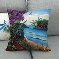 Close-up of tropical beach linen pillowcase showing detailed palm trees and ocean print - Multicolor Tropical Scenery (2) / 45x45cm