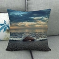 Detailed close-up of beach sunset linen cushion cover showing fabric texture and sea waves - Dusk Coastal Scenery (4) / 45x45cm