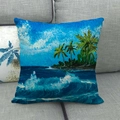 Funda de cojín de lino decorativa con paisaje tropical en un sofá gris suave - Playa Tropical Estilo Óleo (6) / 45x45cm