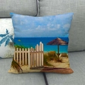 Detalle de funda de cojín de lino con paisaje de playa en sofá y estampado de alta gama - Escena de Vacaciones en la Playa (9) / 45x45cm