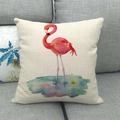 Detailed texture of linen pillowcase with watercolor pink flamingo on a grey sofa - Pink Flamingo in Blue Water(2)