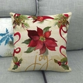 Détail de la texture d'une taie de coussin de Noël en lin avec imprimé poinsettia et joy - Poinsettia et Texte Joy / 45x45 cm