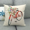 Detailed texture of linen throw pillow case featuring vintage red floral bicycle print - 18x18 Inch / Red Vintage Bicycle with Flowers (5)